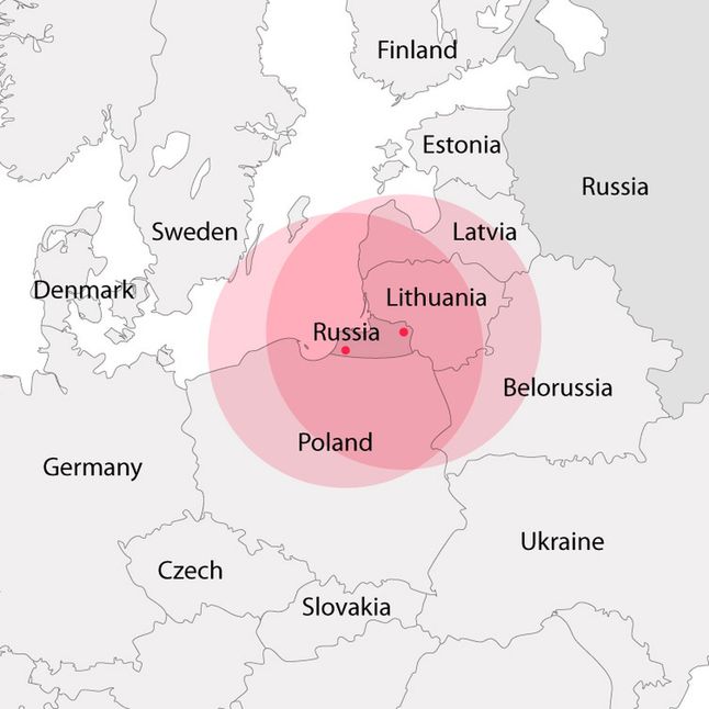 Zasięg rakiet Iskander rozmieszczonych w obwodzie kaliningradzkim 