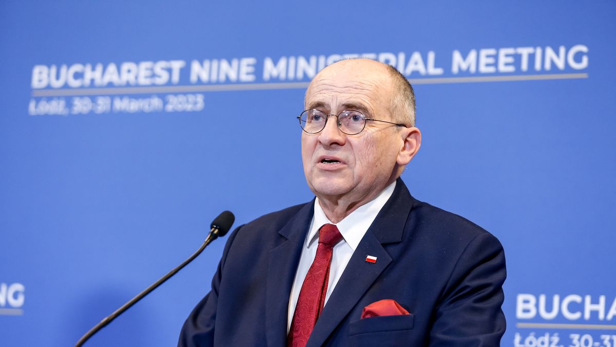 Zbigniew Rau, Minister of Foreign Affairs of Poland speaks to media during a press conference of the Bucharest Nine heads of diplomacy summit - Day 2 in Vienna House Andel in Lodz, Poland on March 31, 2023.  B9 is a security initiative of eastern-flank NATO countries that helps to coordinate a position on regional security. The group will discuss Russia's war against Ukraine. (Photo by Dominika Zarzycka/NurPhoto via Getty Images)