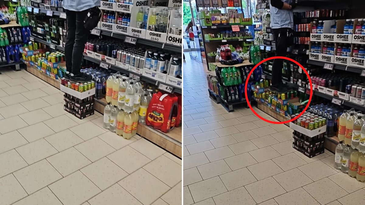 Uchwycił pracownika Lidla stojącego na puszkach.