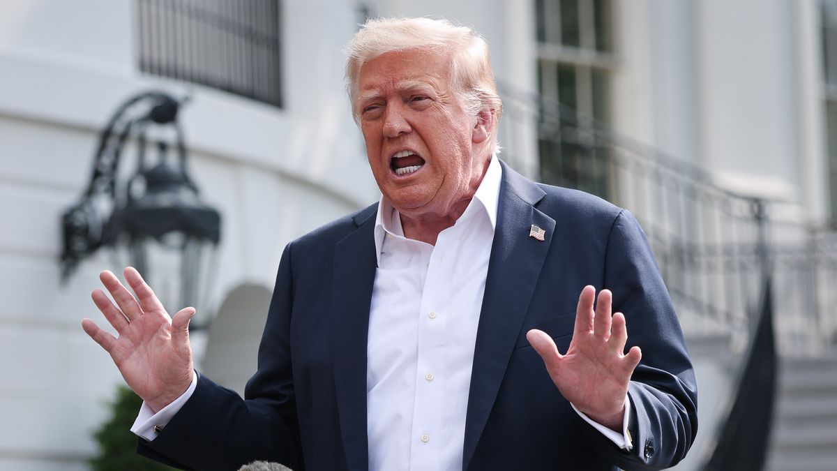 WASHINGTON, DC - JULY 11: U.S. President Donald Trump answers questions while departing the White House on July 11, 2025 in Washington, DC. Trump is scheduled to travel to Central Texas today to meet with first responders and local elected officials involved with the recovery process from last week's flash flooding event that has claimed more than 120 lives.  (Photo by Win McNamee/Getty Images)