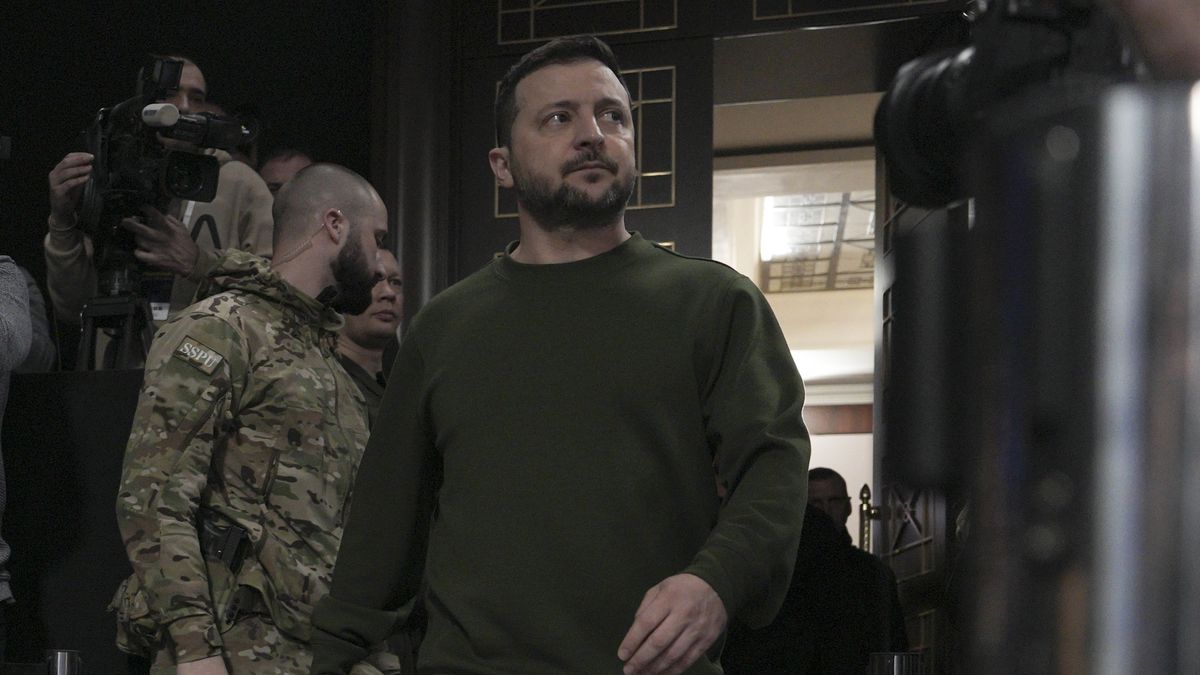 Volodymyr Zelenskiy, Ukraine's president, arrives to speak during the 'Ukraine. Year 2024' forum in Kyiv, Ukraine, on Sunday, Feb. 25, 2024. As the Kremlin's full-scale war on Ukraine entered a third year with no end in sight Russia is gaining momentum, exploiting Kyiv's deficit of ammunition, shortage of troops and delays in receiving military aid. Photographer: Andrew Kravchenko/Bloomberg via Getty Images