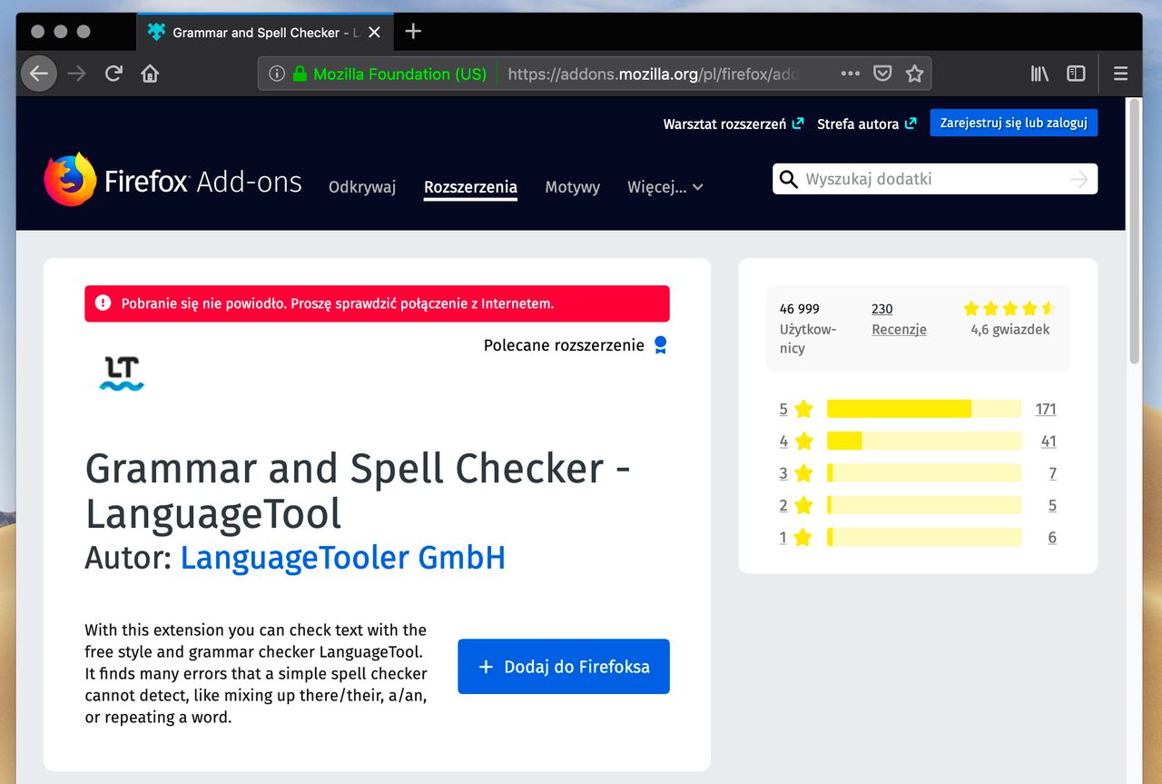 W moim przypadku przy instalacji rozszerzenia widziałam komunikat o błędzie sieci, przy czym łącze działa prawidłowo
