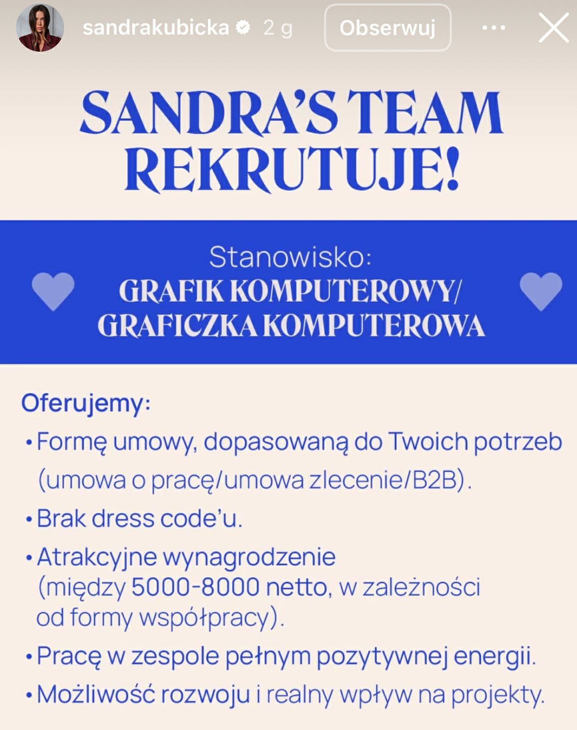 Wpis Sandry Kubickiej na Instagramie