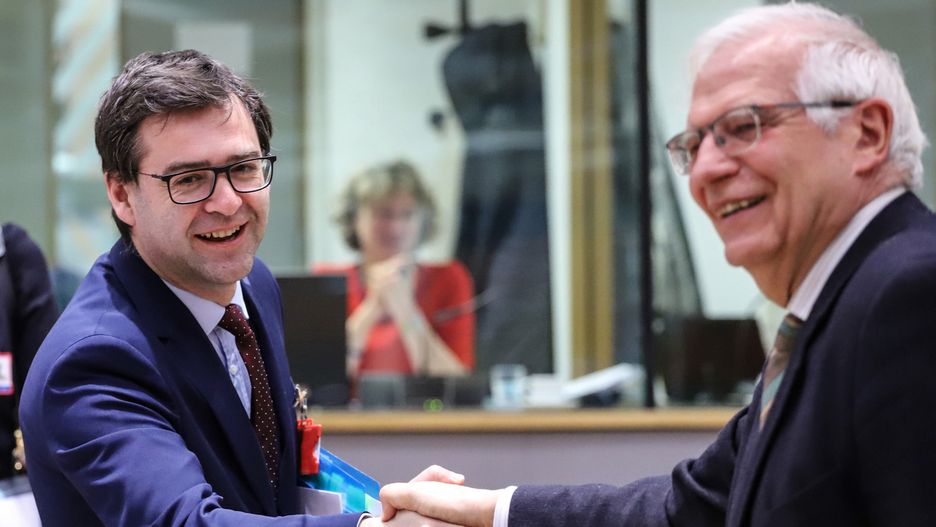 Nicu Popescu, Moldova's foreign minister, left, greets Josep Borrell, vice president of the European Commission, at a meeting of the Foreign Affairs Council at the EU Council headquarters in Brussels, Belgium, on Monday, March 21, 2022. EU foreign and defense ministers are meeting to discuss Russias bloody assault on Ukraine and take stock of sanctions ahead of both NATO and EU leaders summits later this week attended by U.S. President Joe Biden. Photographer: Valeria Mongelli/Bloomberg via Getty Images