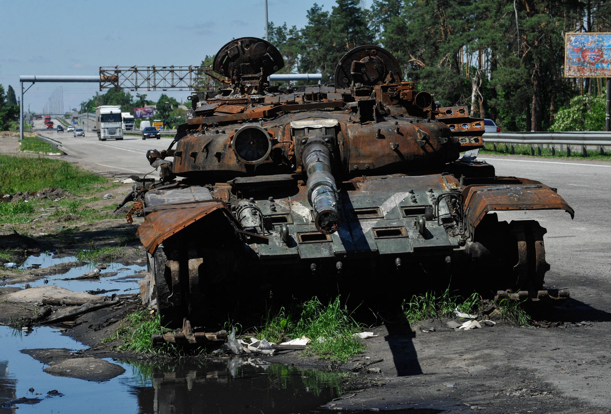 A view of a destroyed tank of the Russian army about 40 km
KYIV REGION, UKRAINE - 2022/06/03: A view of a destroyed tank of the Russian army about 40 km west of Kyiv. June 3 is the 100th day of Russia's full-scale war against Ukraine. Russia invaded Ukraine on February 24, 2022, triggering the largest military attack in Europe since World War II. (Photo by Sergei Chuzavkov/SOPA Images/LightRocket via Getty Images)
SOPA Images
100th day, conflicts, destroyed, invasion, russian army, russian attack, russian invasion, tank, ukraine - russia, war against ukraine, war crisis, wreckage