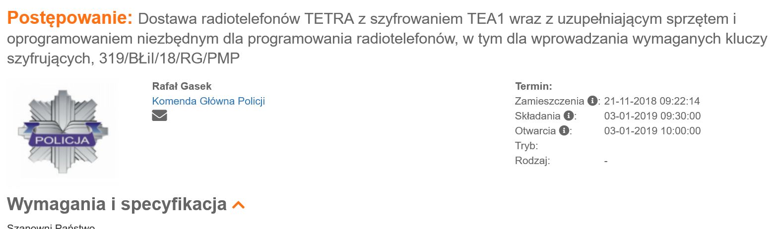 Informacja o przetargu na radiotelefony z wrażliwym system dla policji