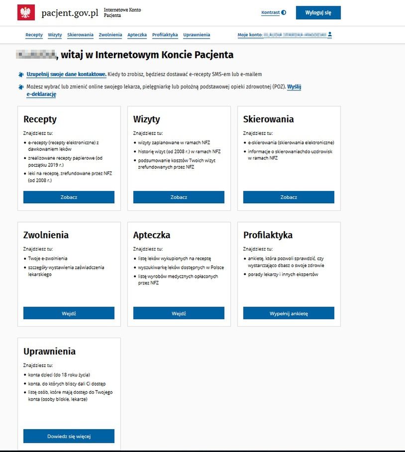 Krok 4: gotowe – logowanie przebiegło pomyślnie. Po uzupełnieniu danych kontaktowych możesz zarządzać swoimi e-receptami.