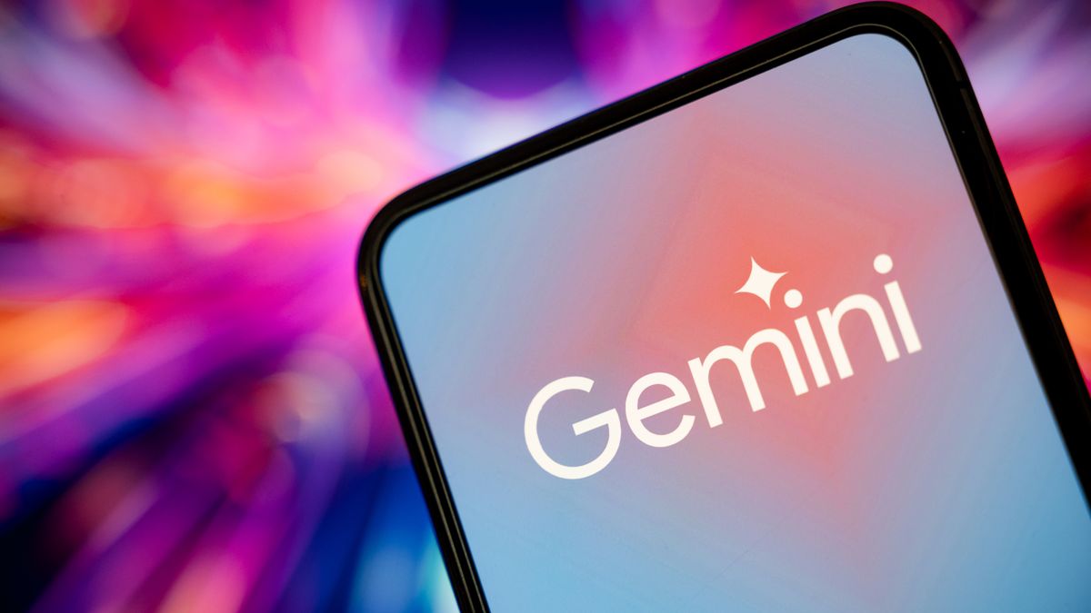 This illustration photo shows the logo of Google's artificial intelligence (AI) application, Gemini, displayed on a phone screen with a colored background of blue and pink, in Paris, France, on February 6, 2025. (Photo by Samuel Boivin/NurPhoto via Getty Images)