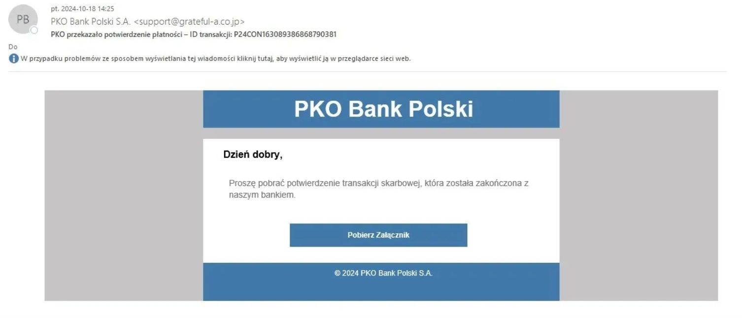 Zrzut ekranu z przykładem e-maila wysłanego przez oszustów