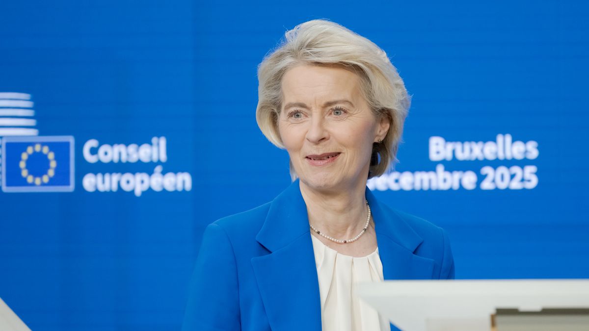European Commission President Ursula von der Leyen arrives to speak at a press conference following a European Council meeting in Brussels, after European Union leaders agree to provide Ukraine with a 90-billion-euro loan to help cover budget shortfalls, but fail to reach an agreement on using frozen Russian assets to fund the package. Taken in Brussels, Belgium, on December 19, 2025. (Photo by Jonathan Raa/NurPhoto via Getty Images)
