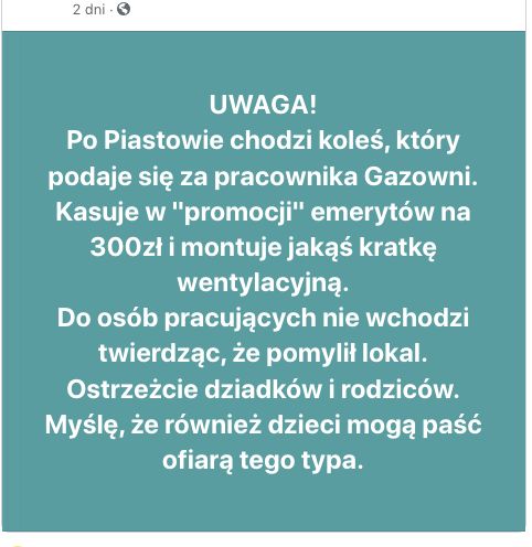 Piastów. Mieszkańcy ostrzegali się na forum przez fałszywym gazownikiem, krążącym po osiedlu naprzeciwko pętli autobusowej (Facebook.com)