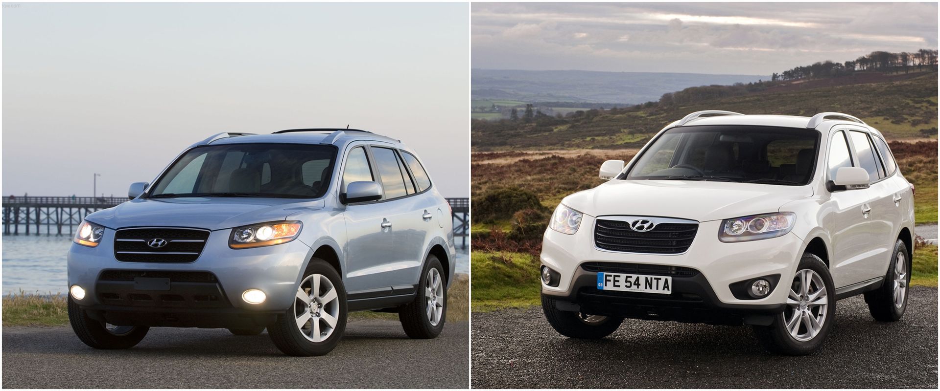 Po lewej produkowany do 2009 Santa Fe przed liftingiem. Po prawej po lifcie, oferowany od 2010 roku z nowym silnikiem Diesla. Auta różnią się detalami w tak niewielkim zakresie, że łatwo je pomylić.