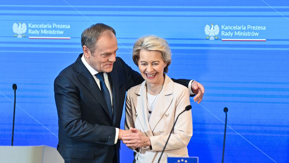 WARSAW, POLAND - FEBRUARY 23: Poland's Prime Minister, Donald Tusk (L) and the EU Commission President, Ursula von der Leyen (R) after the press statement at the Prime Minister Chancellery on February 23, 2024 in Warsaw, Poland. (Photo by Omar Marques/Anadolu via Getty Images)