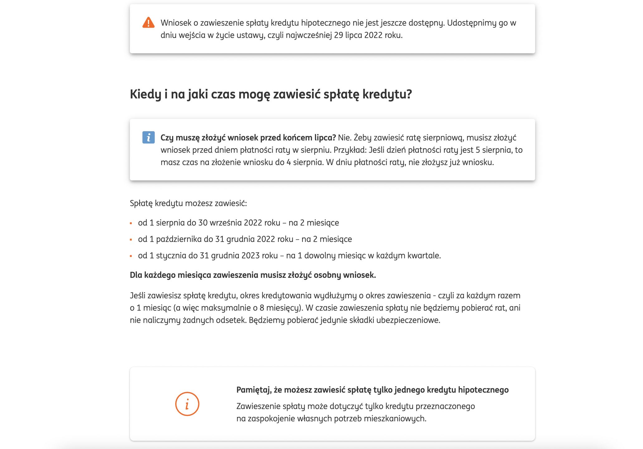 Informacje na temat wakacji kredytowych na stronie internetowej ING Banku Śląskiego