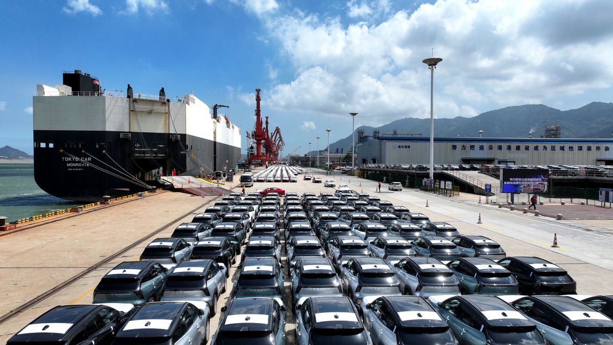 LIANYUNGANG, CHINA - AUGUST 25, 2026 - A roll on/roll off vessel is parked at the berth and loaded with Chinese made cars for export to foreign countries at the Dongfang Port Branch of Lianyungang Port in Jiangsu Province, China on August 25, 2026. (Photo credit should read CFOTO/Future Publishing via Getty Images)
