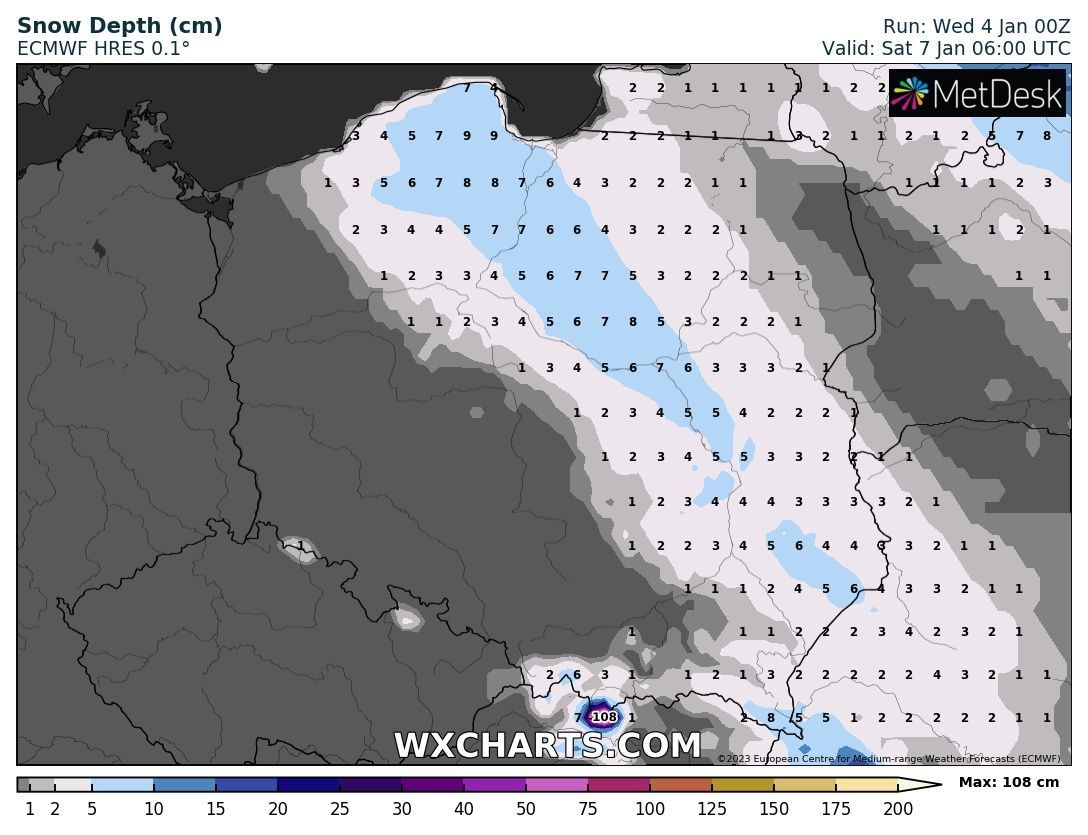 Prognozowany przyrost warstwy śnieżnej w sobotę 7 stycznia, godz. 5:00