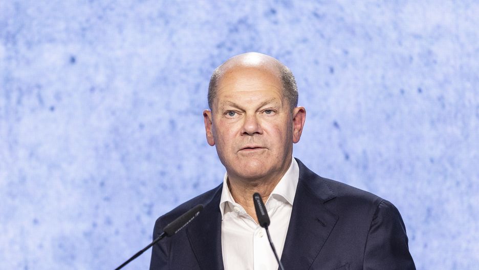 BERLIN, GERMANY - SEPTEMBER 28: German Chancellor Olaf Scholz speaks at an event to celebrate the 100th anniversary of BMW motorcycles at the Spandau BMW motorcycle factory on September 28, 2023 in Berlin, Germany. BMW launched its first motorcycle, the two cylinder R32, in 1923. (Photo by Maja Hitij/Getty Images)