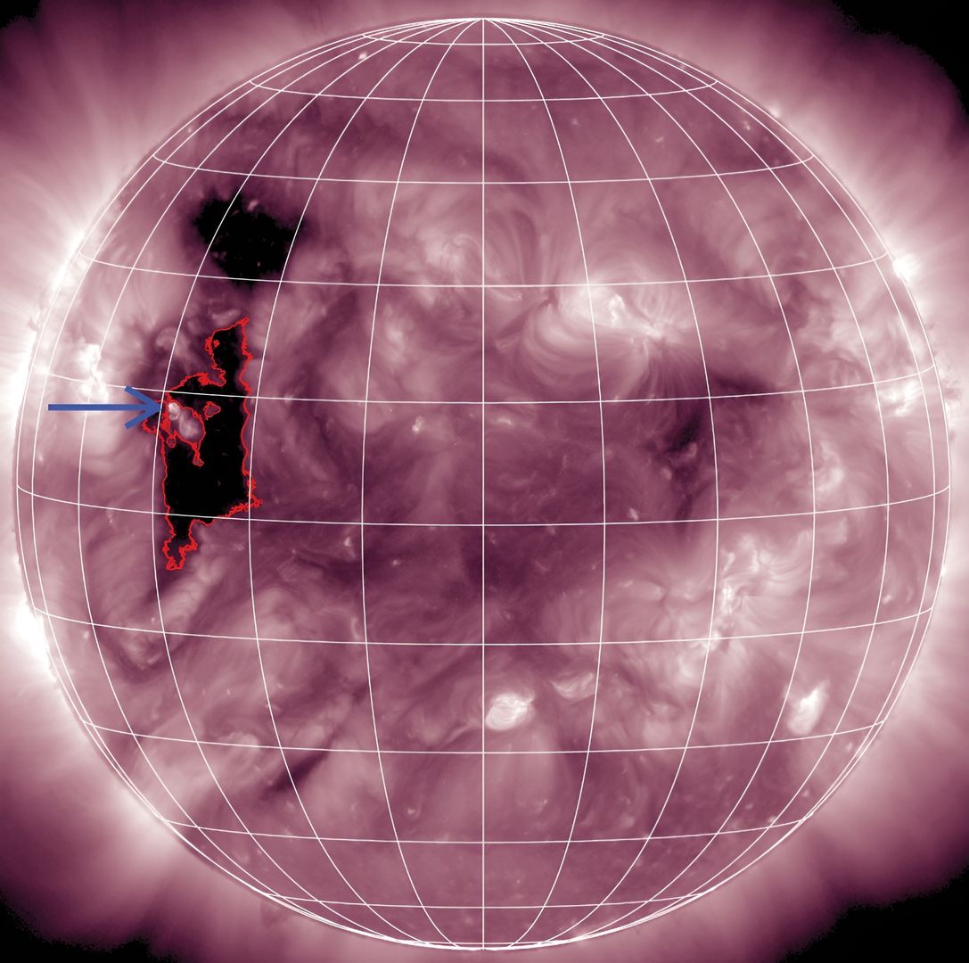 Lokalizacja strumienia helu na Słońcu (NASA/SDO/AIA)