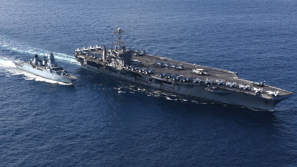 German ships often form part of international naval groups. Here Hessen next to the aircraft carrier USS Harry S. Truman.