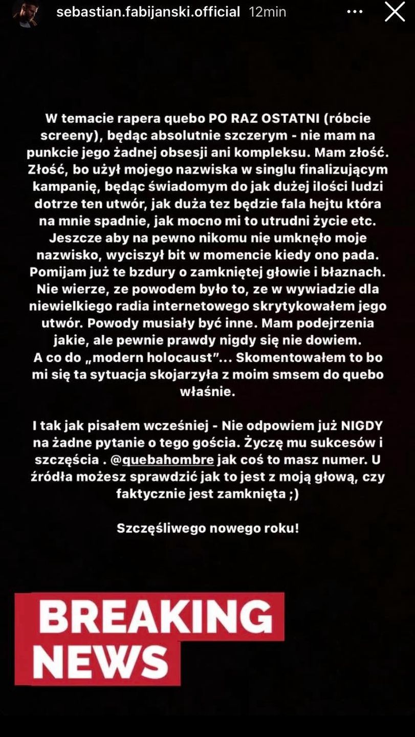 Sebastian Fabijański skarży się na Quebonafide ostatni raz