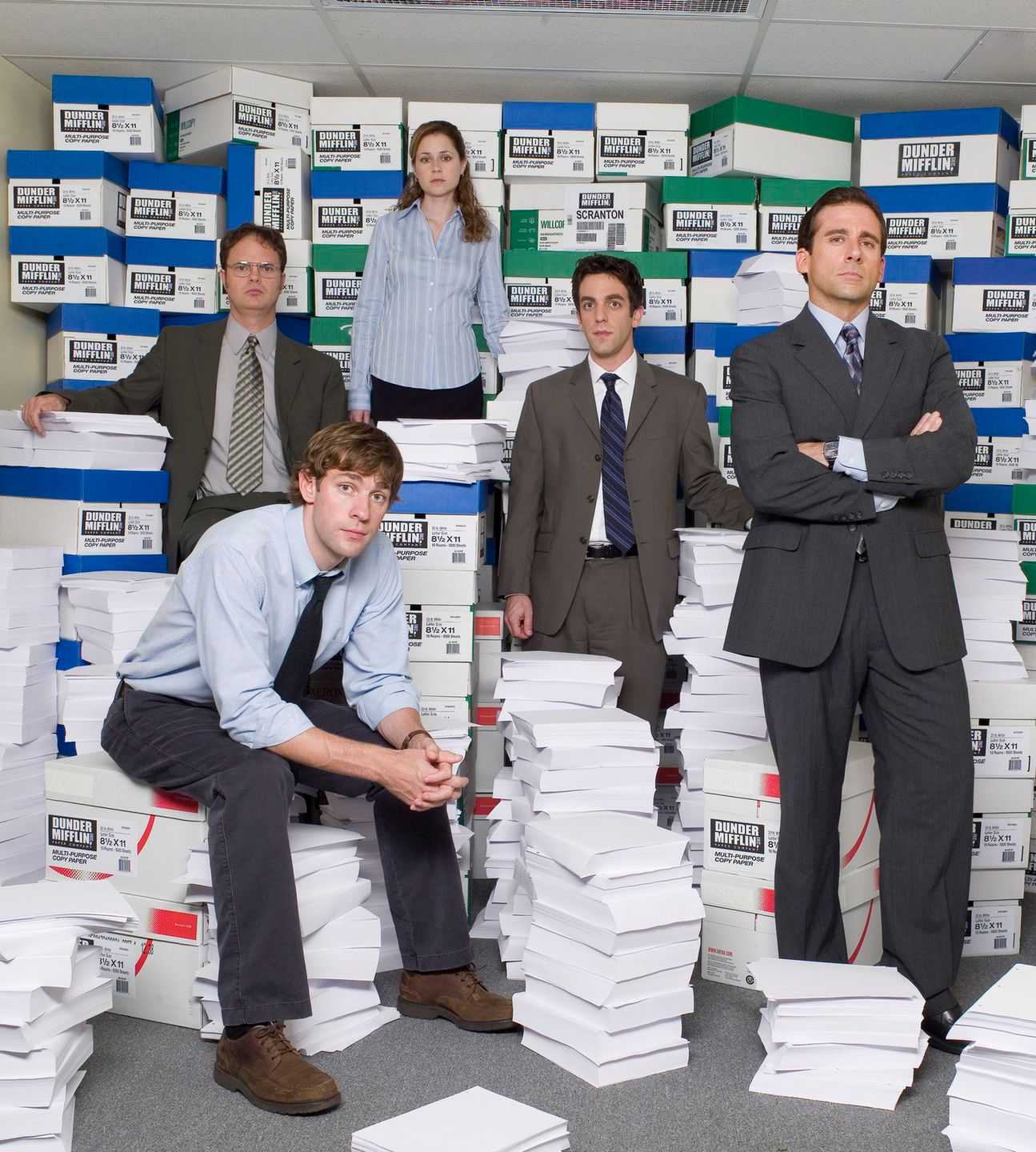 THE OFFICE -- Pictured: (l-r) John Krasinski as Jim Halpert, Rainn Wilson as Dwight Schrute, Jenna Fischer as Pam Beesly, B.J. Novak as Ryan Howard, Steve Carell as Michael Scott -- NBC Photo: Mitchell Haaseth 