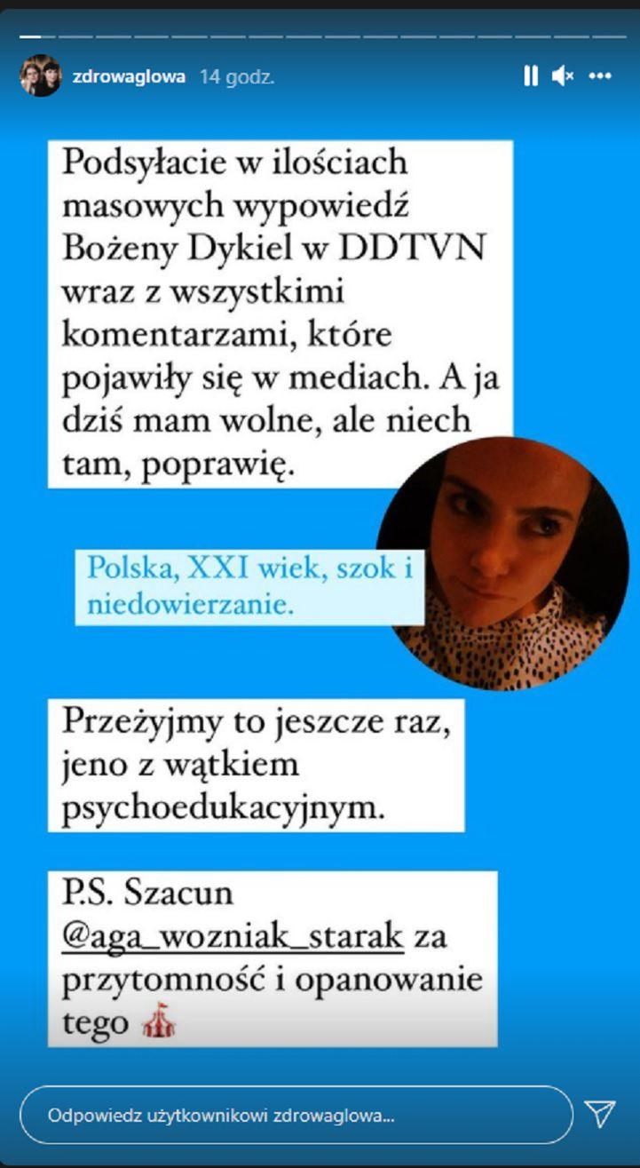 Bożena Dykiel - psycholożka komentuje jej wizytę w DDTVN, screen z Instagrama Zdrowa Głowa