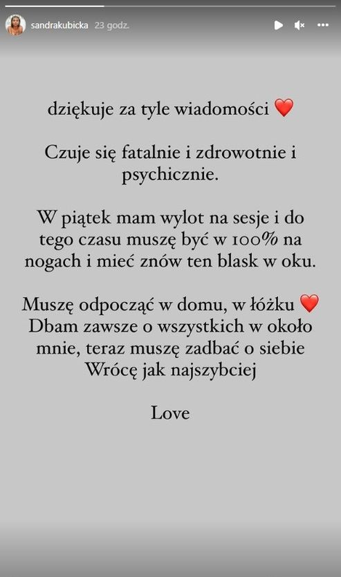 Sandra Kubicka oświadczenie