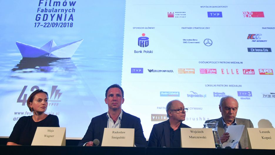 Od lewej: pełnomocnik prezydenta Gdyni ds. kultury Maja Wagner, dyrektor Polskiego Instytutu Sztuki Filmowej Radosław Śmigulski, przewodniczący Rady Programowej FPFF Wojciech Marczewski, dyrektor Festiwalu Leszek Kopeć podczas konferencji prasowej 43. Festiwalu Polskich Filmów Fabularnych