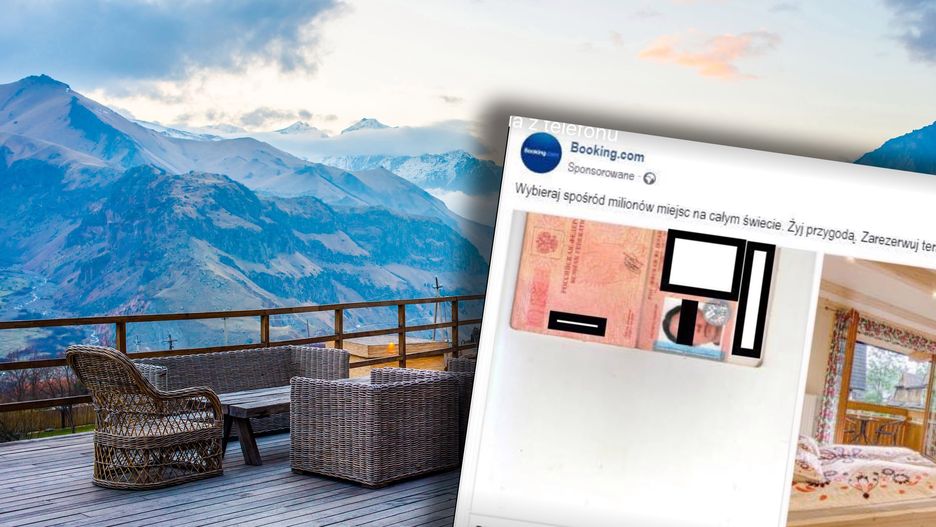 Skan paszportu zamiast zachęcającego wnętrza pokoju reklamuje hotel na Facebooku