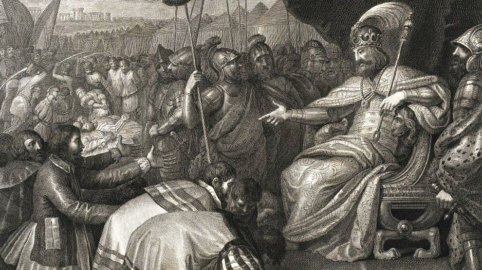 Miedzioryt Angela Campanelli na podstawie obrazu Franciszka Smuglewicza przedstawiający, jak Mieszko II karze Pomorzan (źródło: domena publiczna).