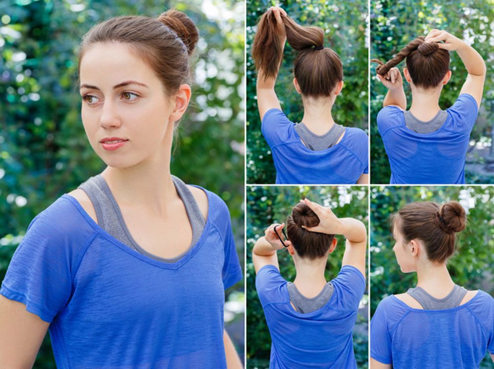 Hair tutorial. Hairstyle twisted bun tutorial. Backstage technique of twisting bun. Hairstyle. Tutorial. Hairstyle for sports 