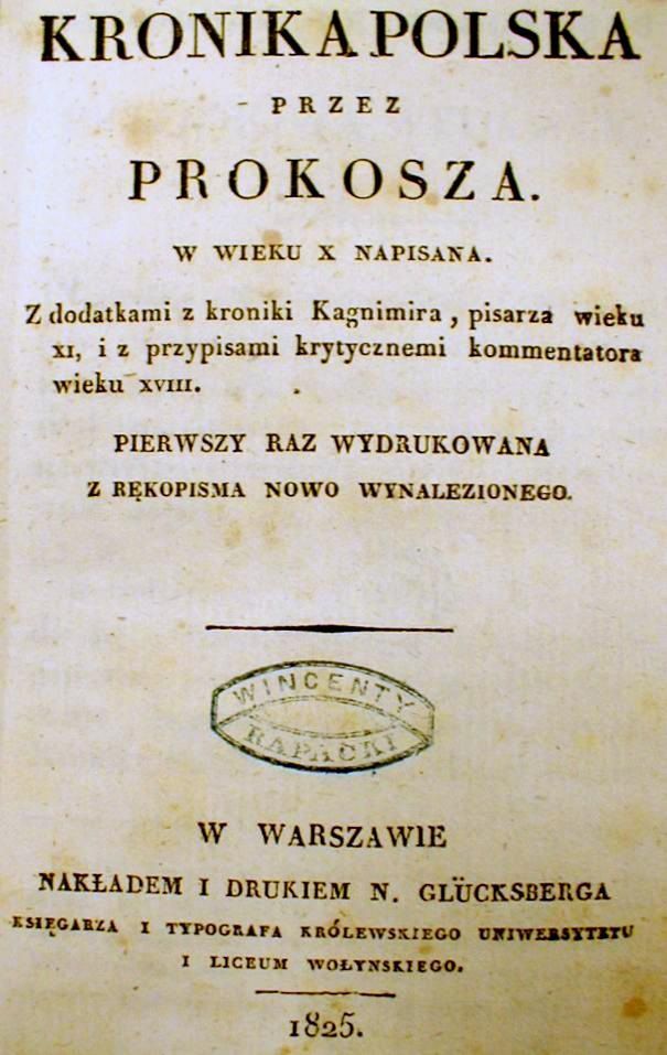 Strona tytułowa pierwszego wydania Kroniki Prokosza z 1825 roku. 