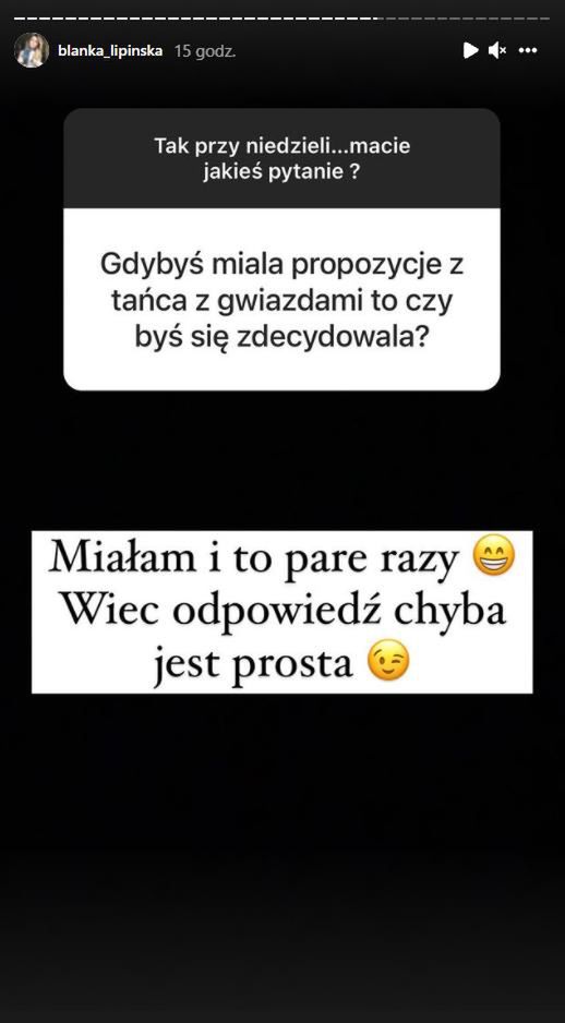 Skrin z InstaStories Blanki Lipińskiej