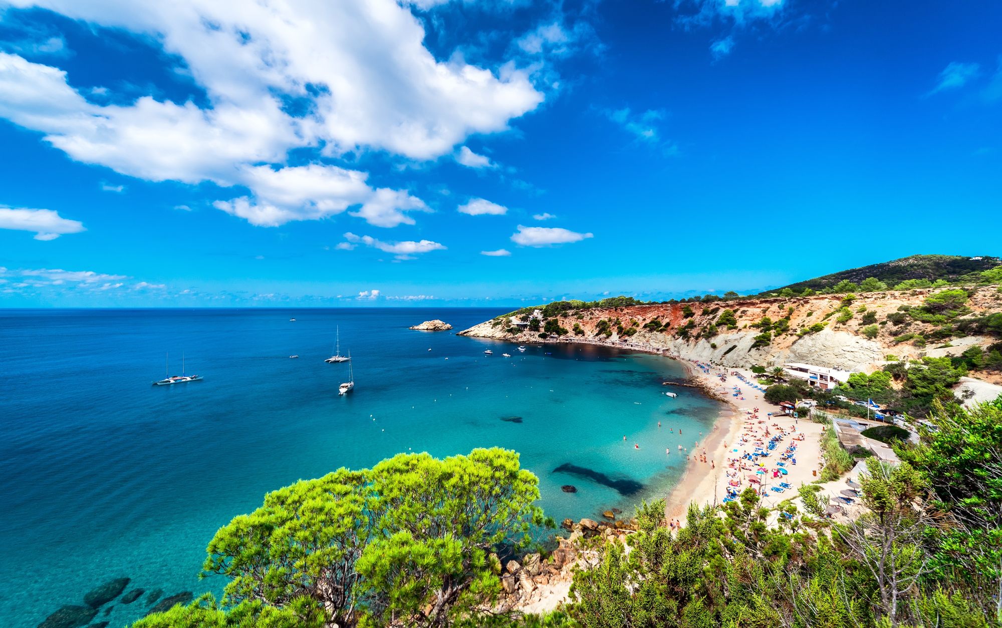 Picturesque Cala d'Hort beach. Cala D���Hort, one of Ibiza���s most magical and laidback beaches. Balearic Islands. Spain 