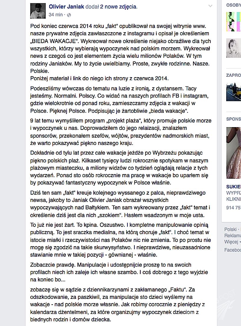 Olivier Janiak odpowiada na publikację Faktu pt. "Bieda wakacje"