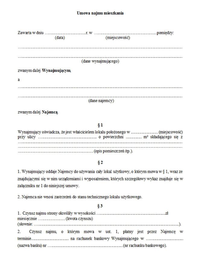Umowa najmu mieszkania - przykładowy wzór, 1. strona 