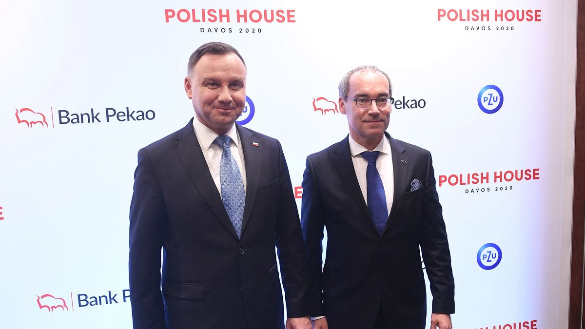 Davos 2020. Prezydent Rzeczypospolitej Polskiej Andrzej Duda oraz Marek Lusztyn, prezes Pekao