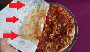 Odsączyłam tłuszcz z mrożonej pizzy z supermarketu. Ręcznik papierowy nim ociekał