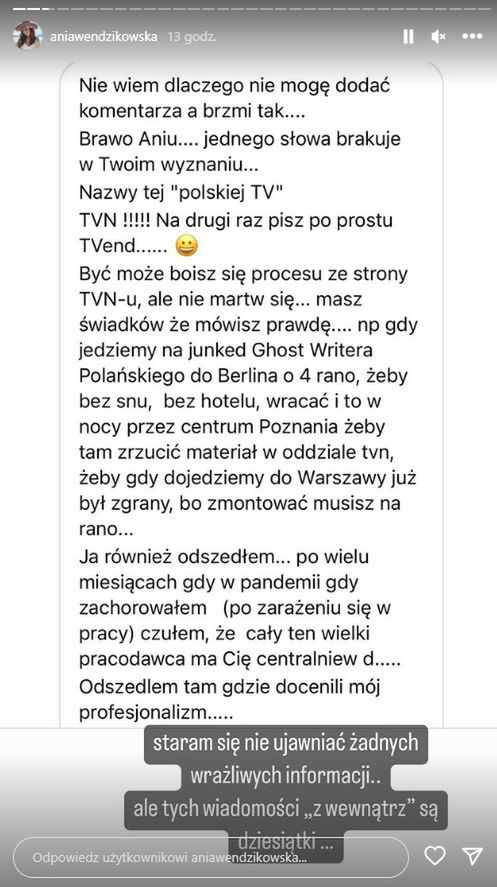 Anna Wendzikowska udostępniła wiadomości od pracowników TVN