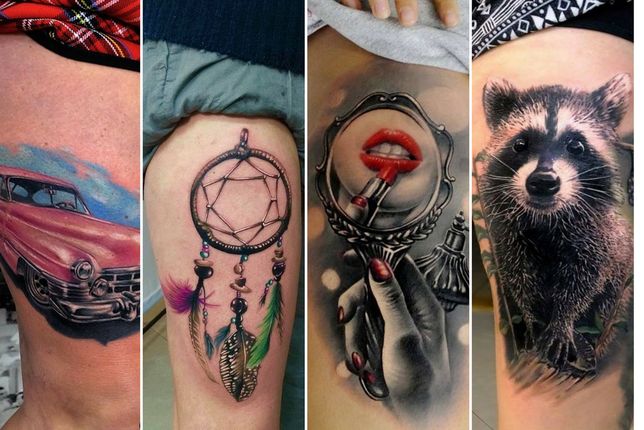 Kolorowe tatuaże damskie na udzie wykonane przez profesjonalistę potrafią przyciągnąć wzrok 