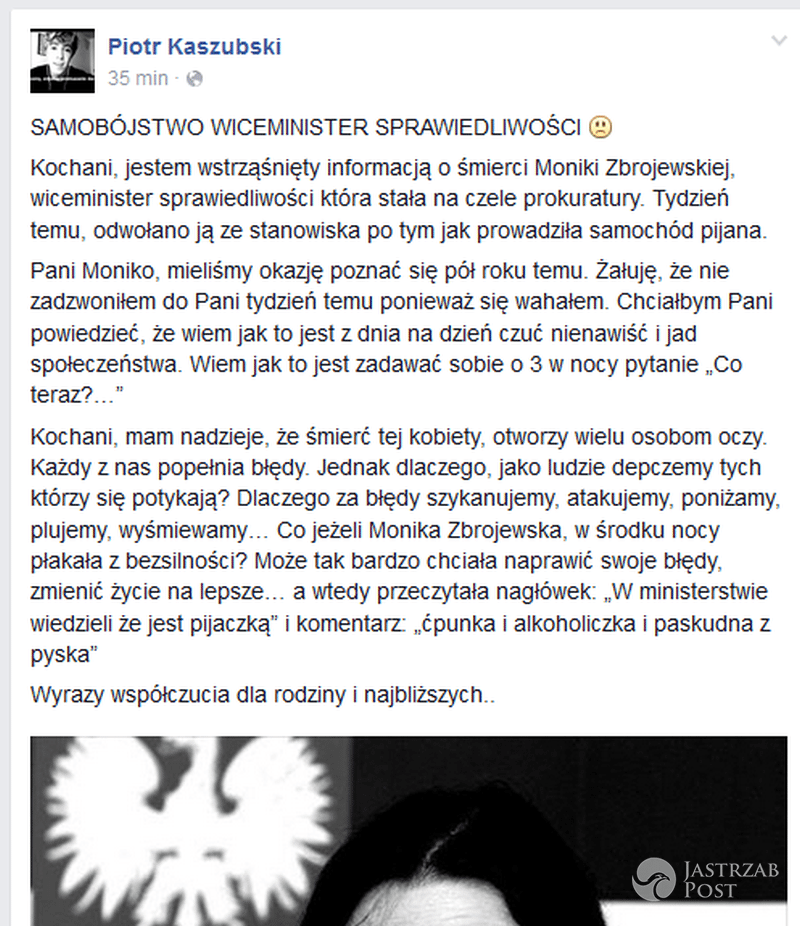 Piotr Kaszubki o śmierci wiceminister Monice Zbrojewskiej