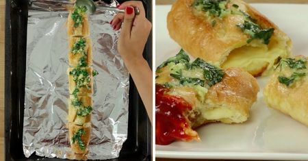 Pieczona bagietka z kurczakiem, serem i masłem pietruszkowym. Przepis na chrupiącą przekąskę