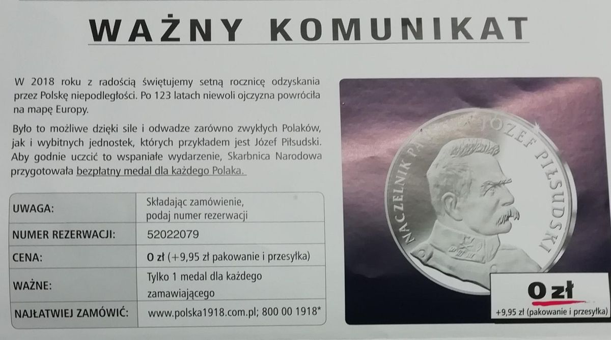 Kup sobie ”za darmo” medal z Piłsudskim. Skarbnica Narodowa wie, jak zarobić na 100. rocznicy odzyskania niepodległości