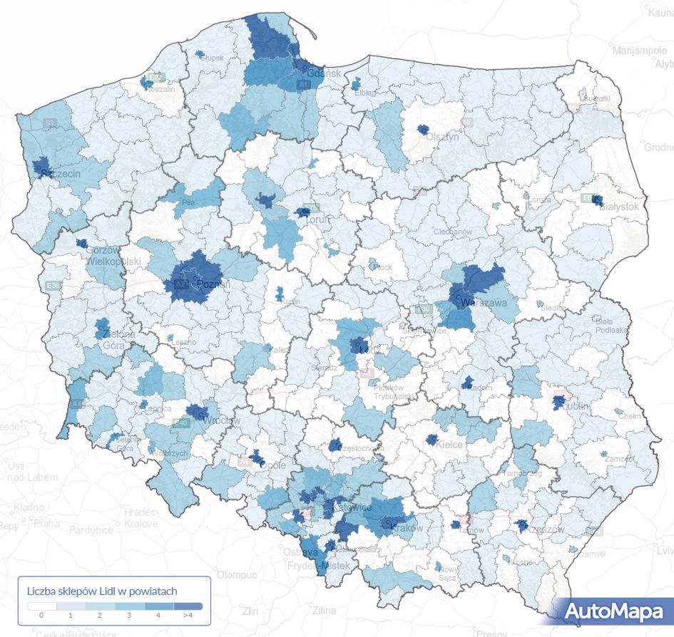 Zagęszczenie sklepów Lidl w Polsce 