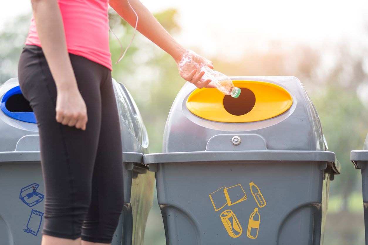 Recycle Bin, Recyclable Waste, hand throwing plastic bottle into the recycle bin 