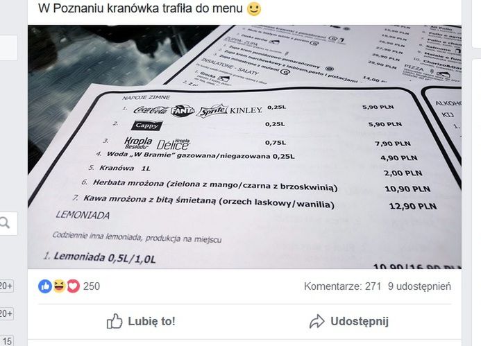 Płatna kranówka w poznańskiej restauracji. Życzą sobie dwa złote za litr