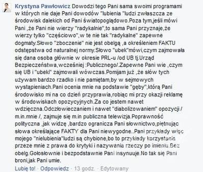Hanna Lis odpowieda Krystynie Pawłowicz na Facebooku