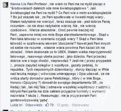 Hanna Lis odpowieda Krystynie Pawłowicz na Facebooku