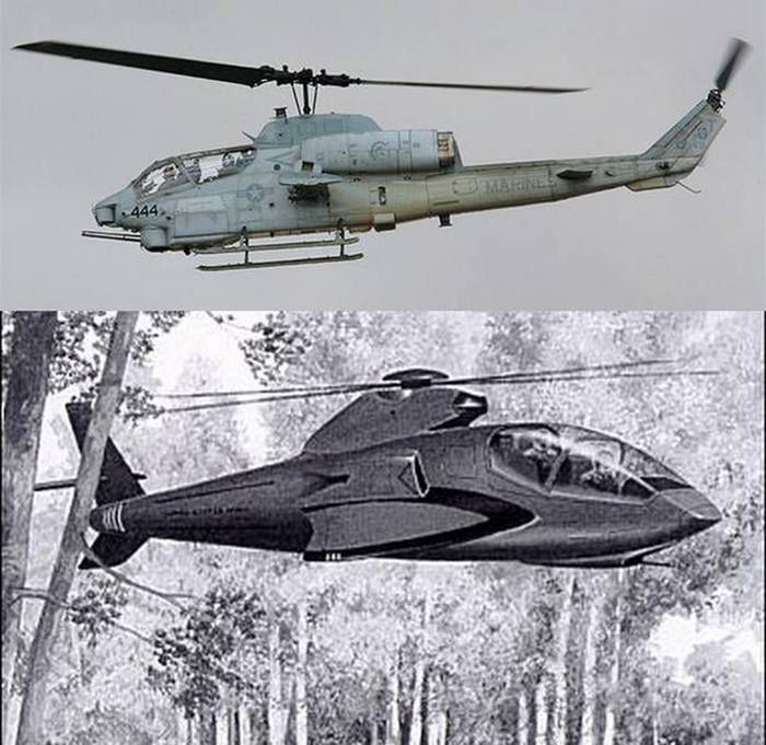 Na górze AH-1, na dole wizualizacja projektu przedstawionego przez firmy Bell i McDonnel Douglas 