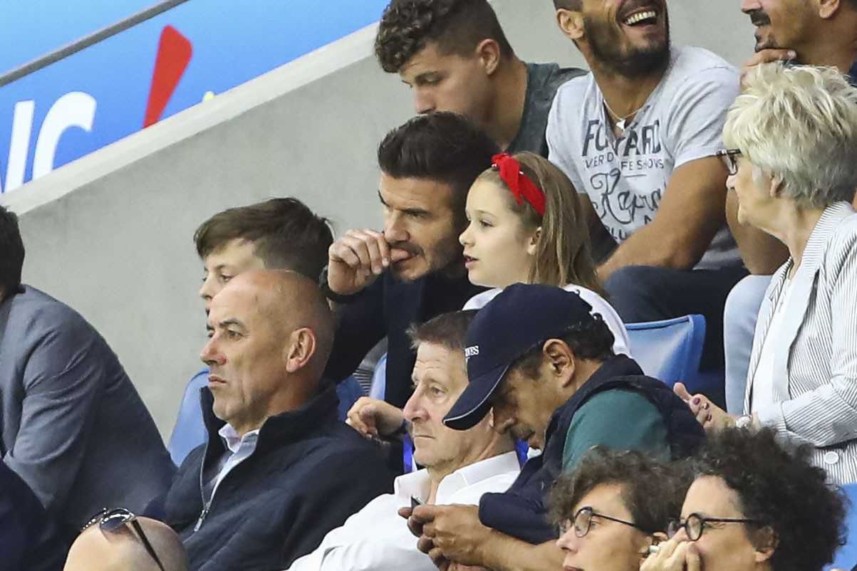 David Beckham z córką Harper na meczu w piłce nożnej kobiet